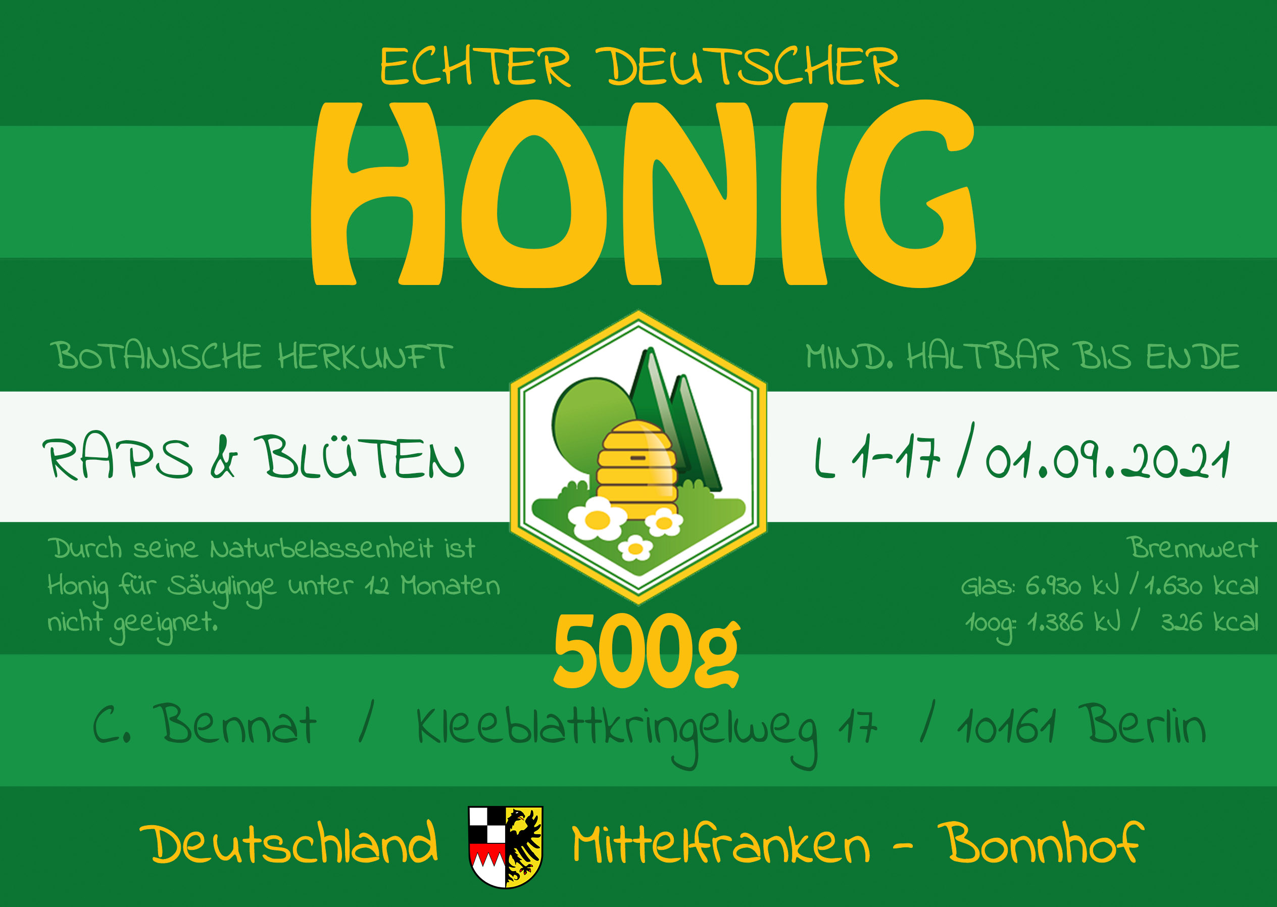 Honig Honigglas Label Aufkleber entsprechend deutsche Vorschrift Standard Regelung Stefan Echart Bonnhof Christian Bennat Design Layout